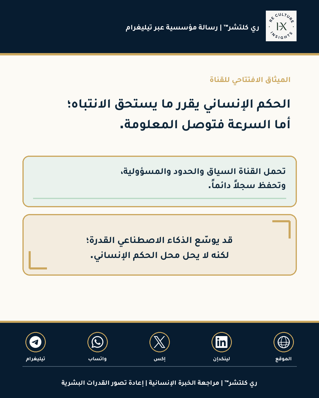 المرئي العربي للرسالة المؤسسية الافتتاحية لري كلتشر™ على تيليغرام حول الانتباه والحكم الإنساني