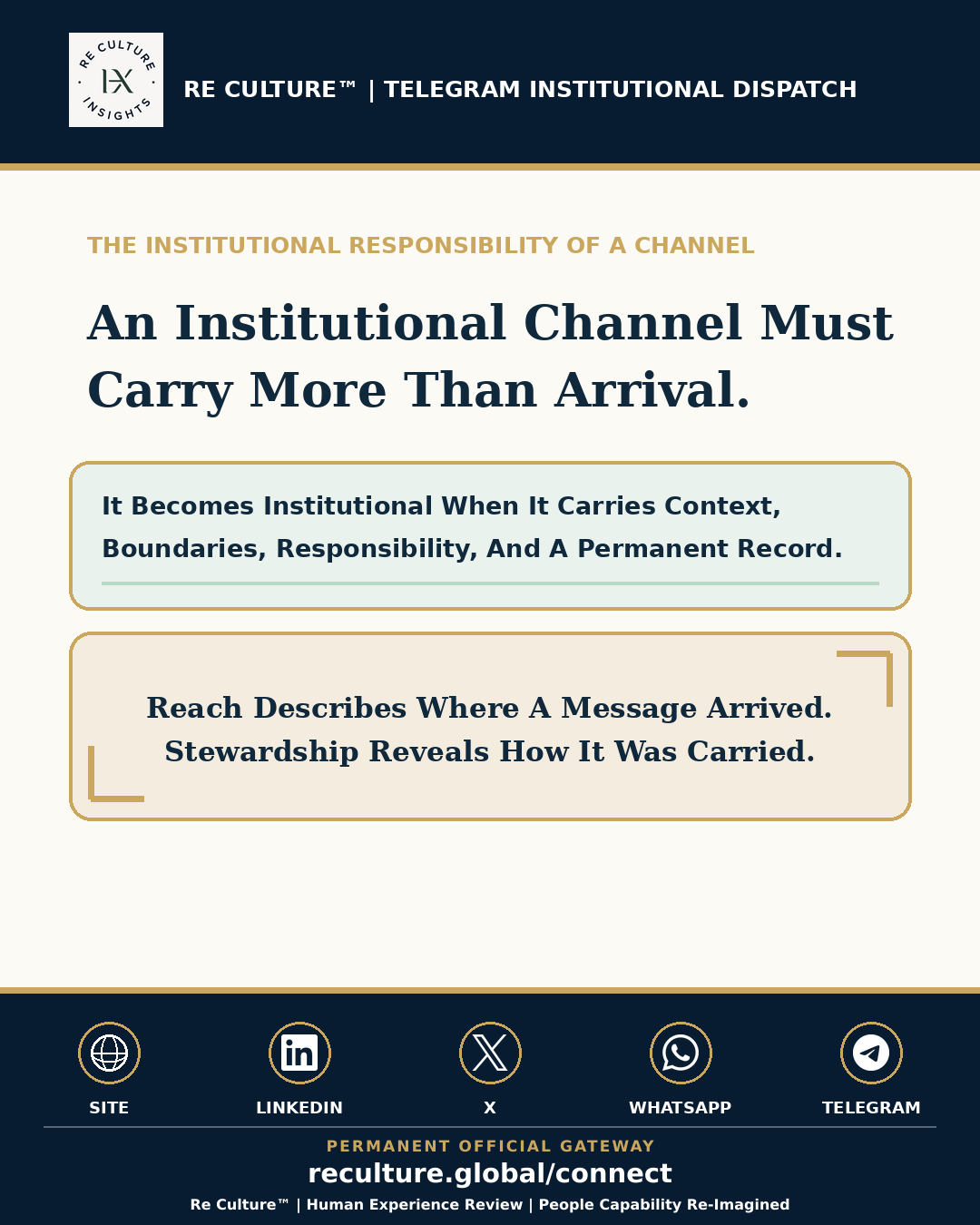 Re Culture™ Telegram Institutional Dispatch visual on stewardship and the permanent record