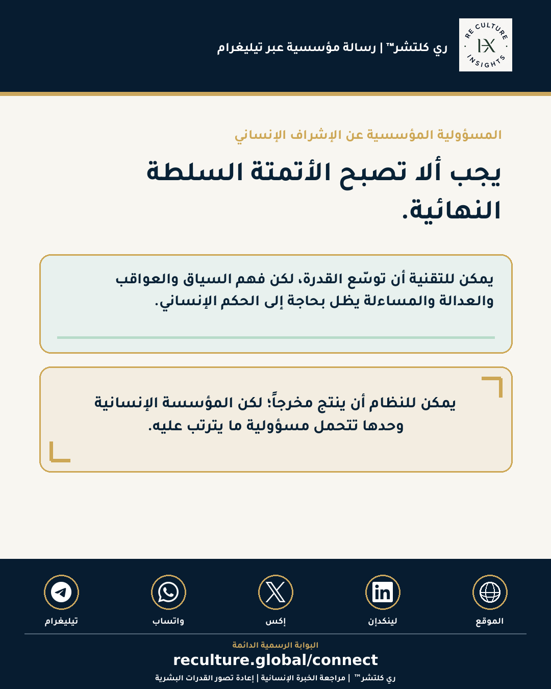 مرئي رسالة تيليغرام المؤسسية ٠٠٣ لري كلتشر™ حول الحكم الإنساني قبل الأتمتة
