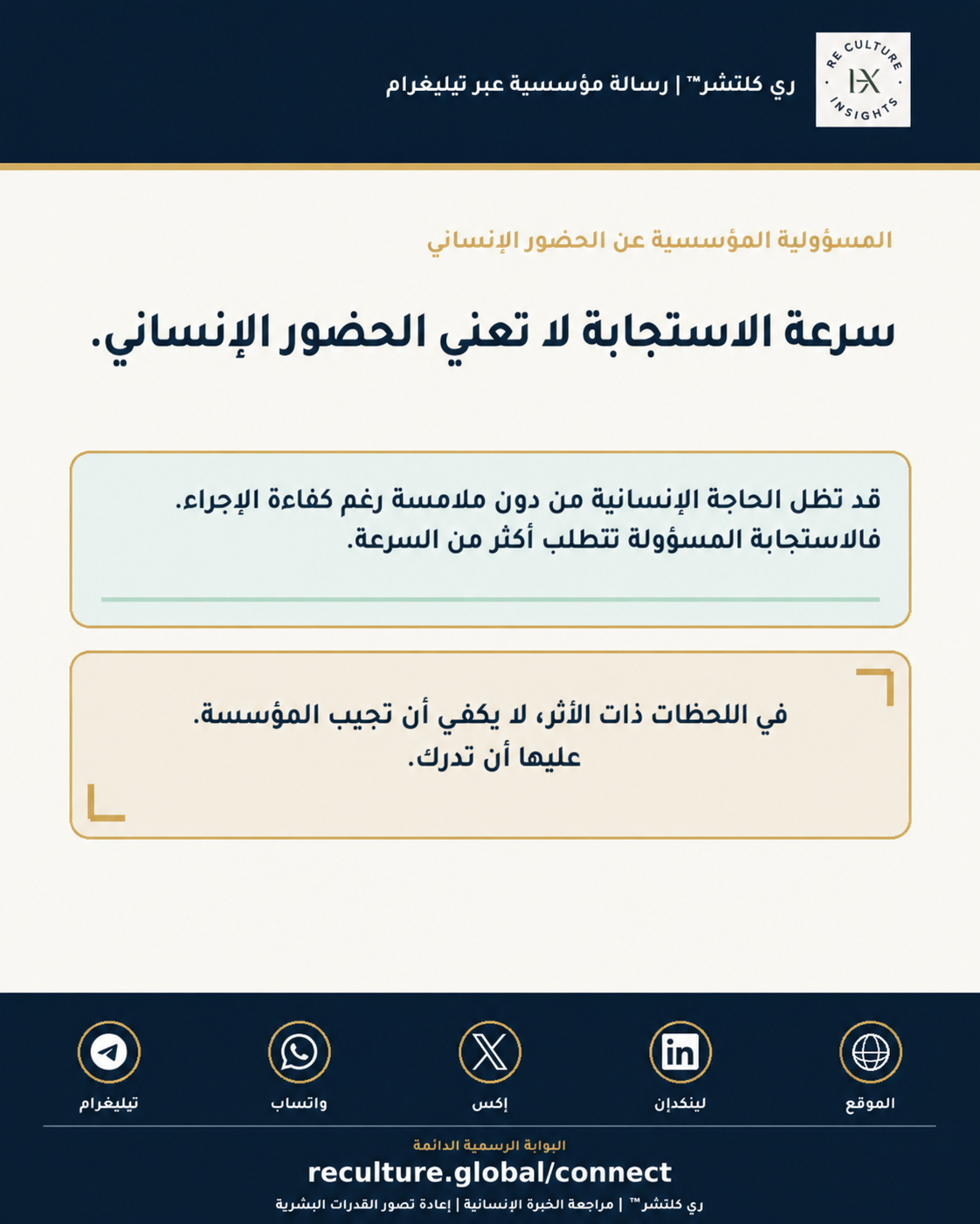مرئي رسالة تيليغرام المؤسسية ٠٠٤ لري كلتشر™ حول الحضور الإنساني قبل استجابة النظام
