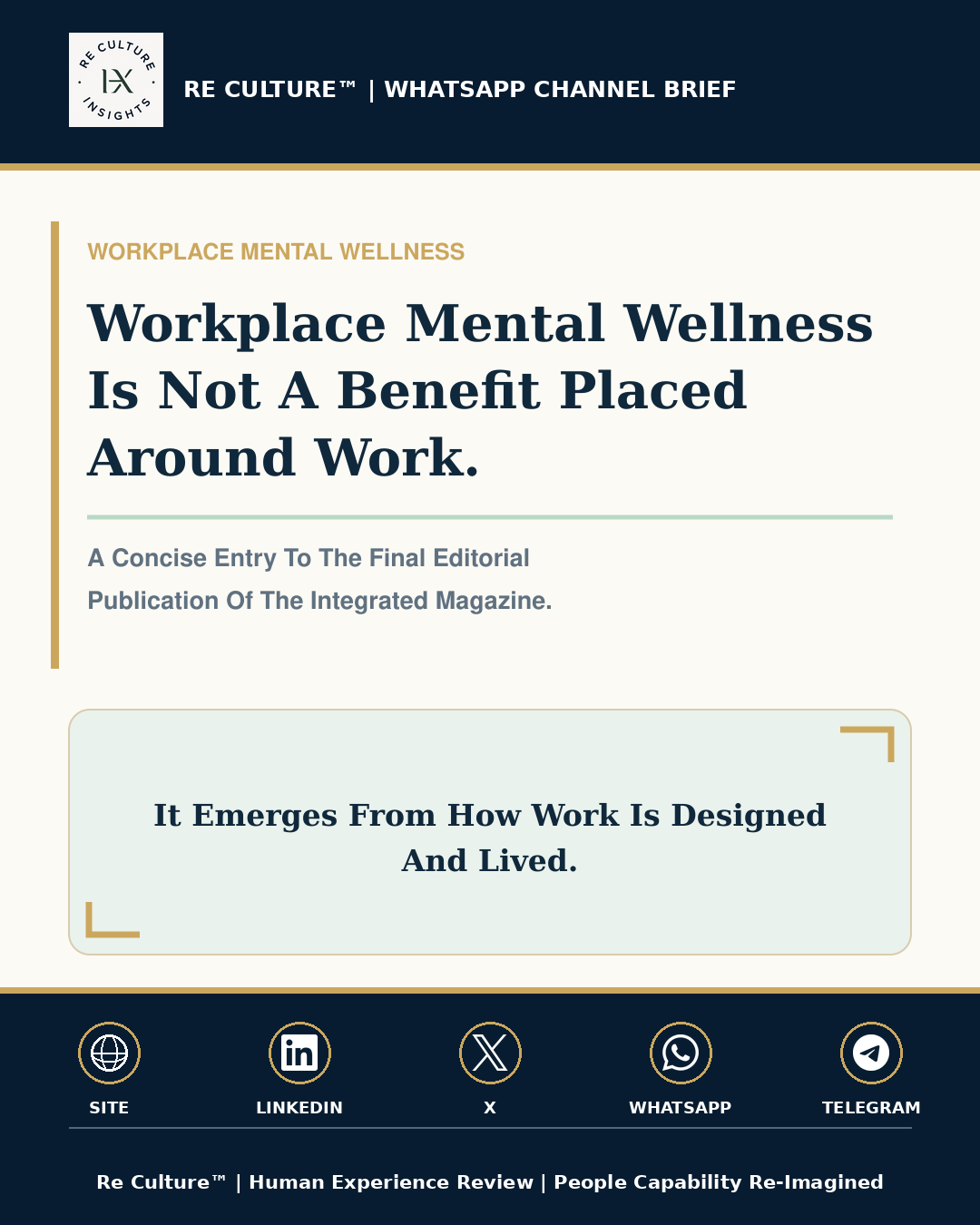 Re Culture™ English WhatsApp channel visual for the Workplace Mental Wellness Vision brief