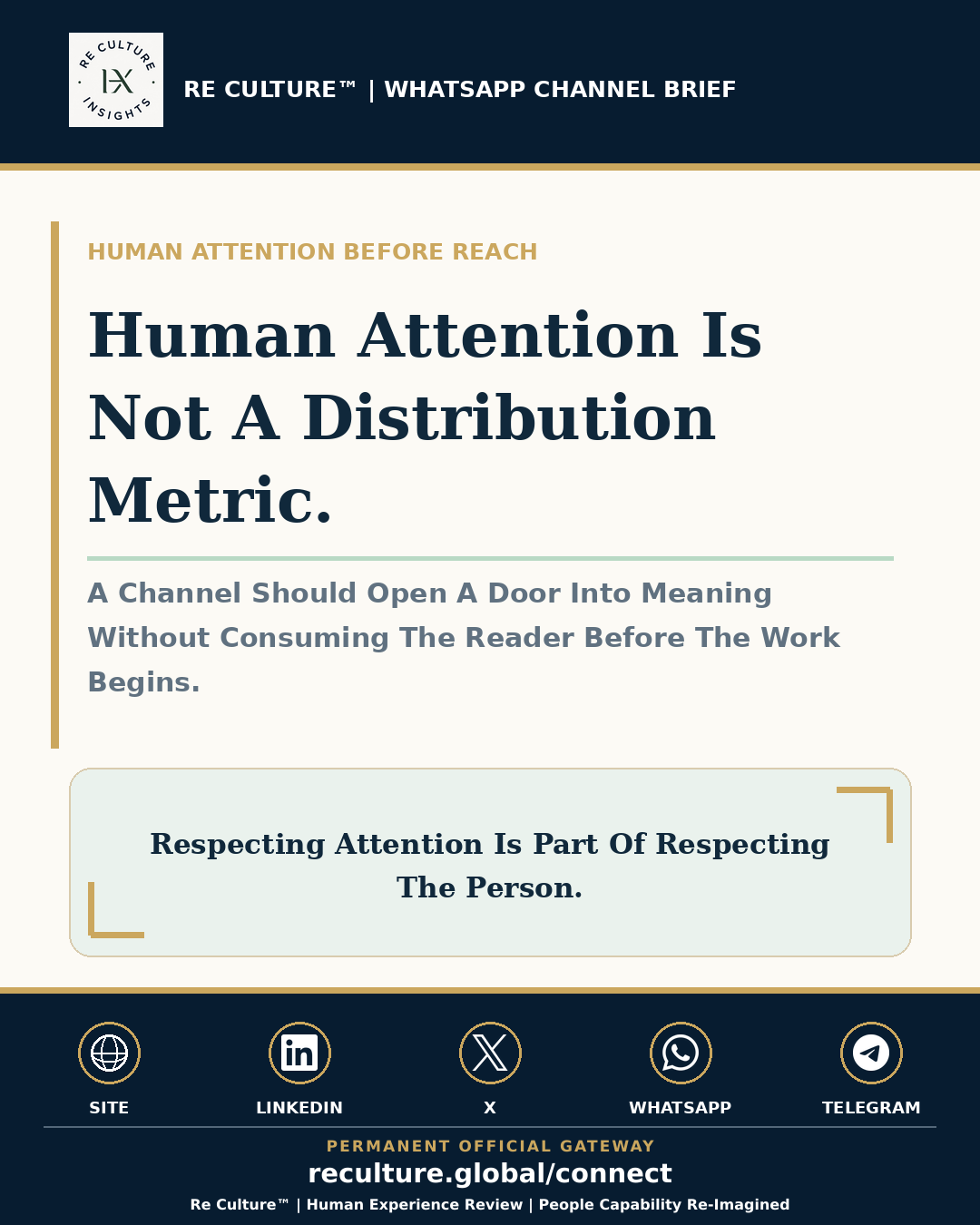 Re Culture™ WhatsApp Channel Brief visual on Human Attention Before Reach