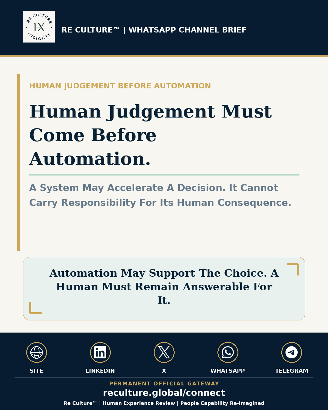 Re Culture™ WhatsApp Channel Brief 003 visual on Human Judgement Before Automation