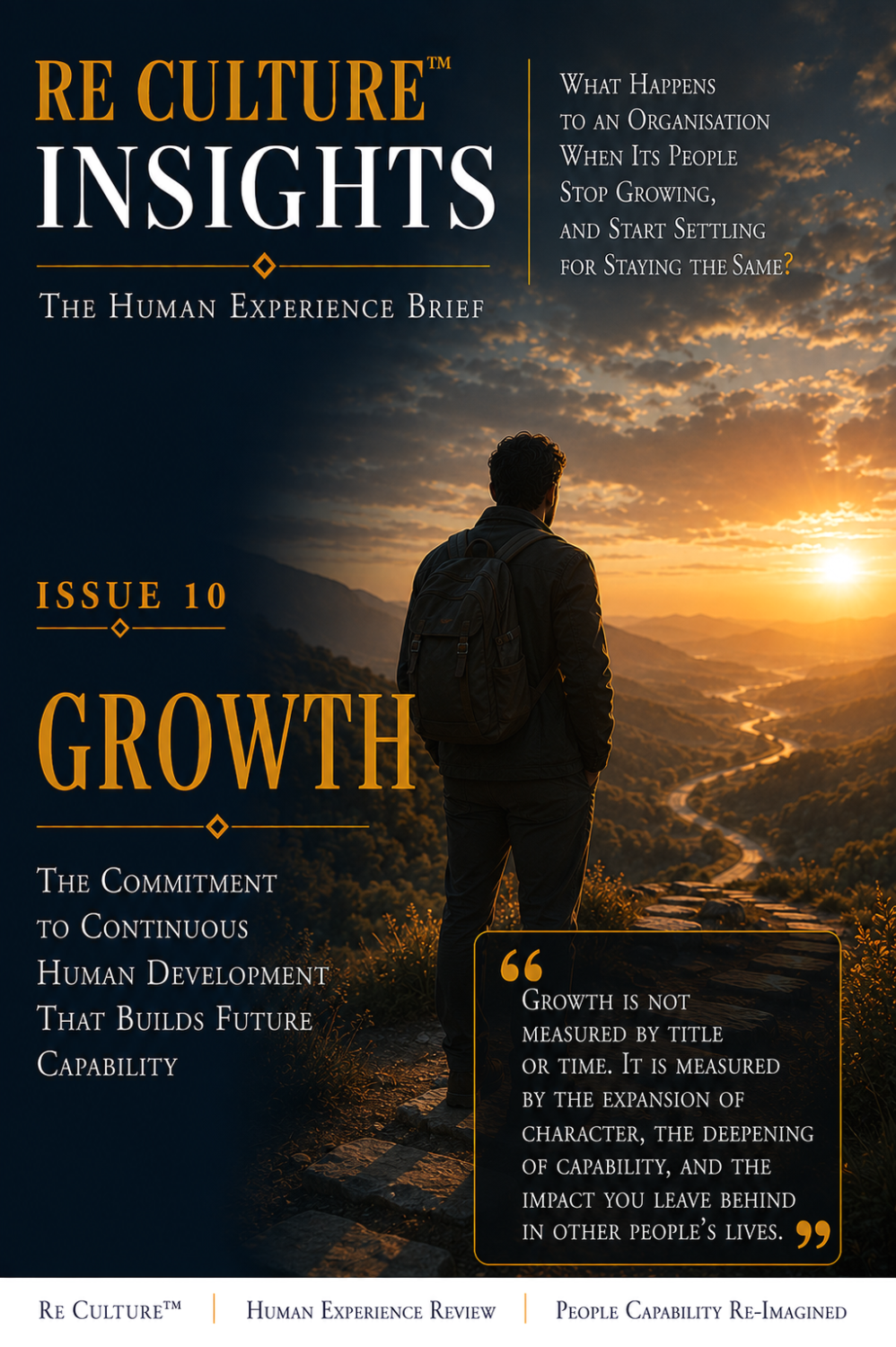 Growth — a human figure ascending an illuminated mountain pathway toward sunrise, representing human development becoming organizational capability.