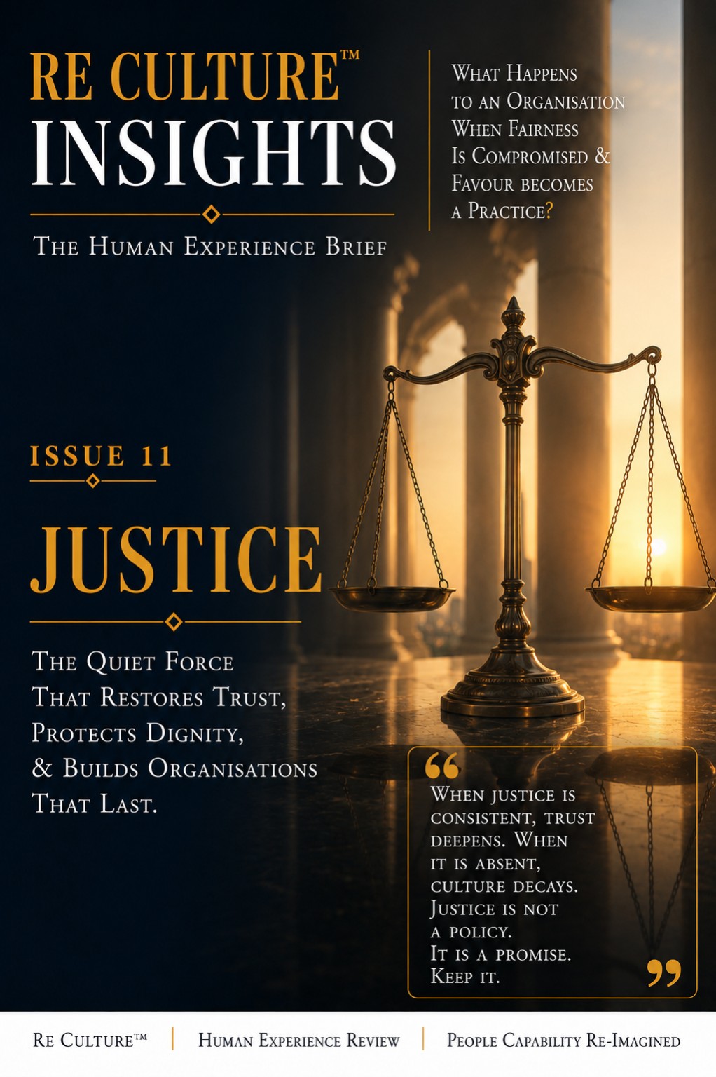 Issue 11 Justice English cover: a bronze balance scale in a warmly lit colonnade, with navy and gold editorial text and a framed reflection.