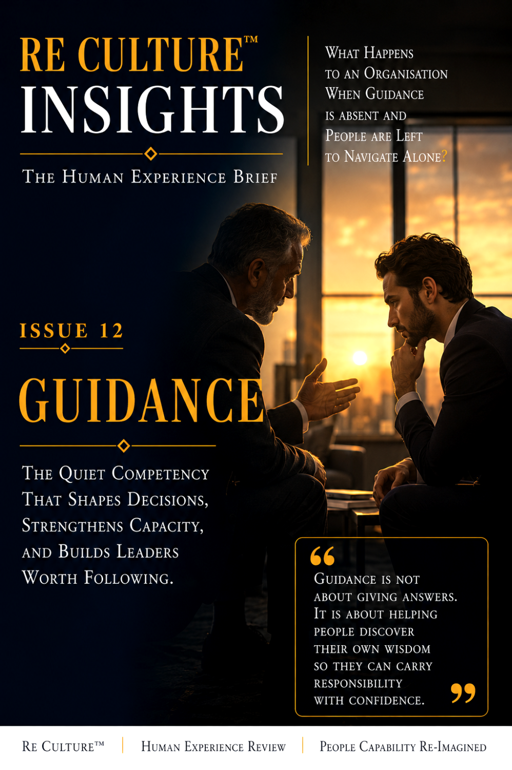 Issue 12 Guidance English Cover: Two Men In A Thoughtful Mentoring Conversation Beside A Sunset Window, With Navy And Gold Editorial Text And A Framed Quotation.