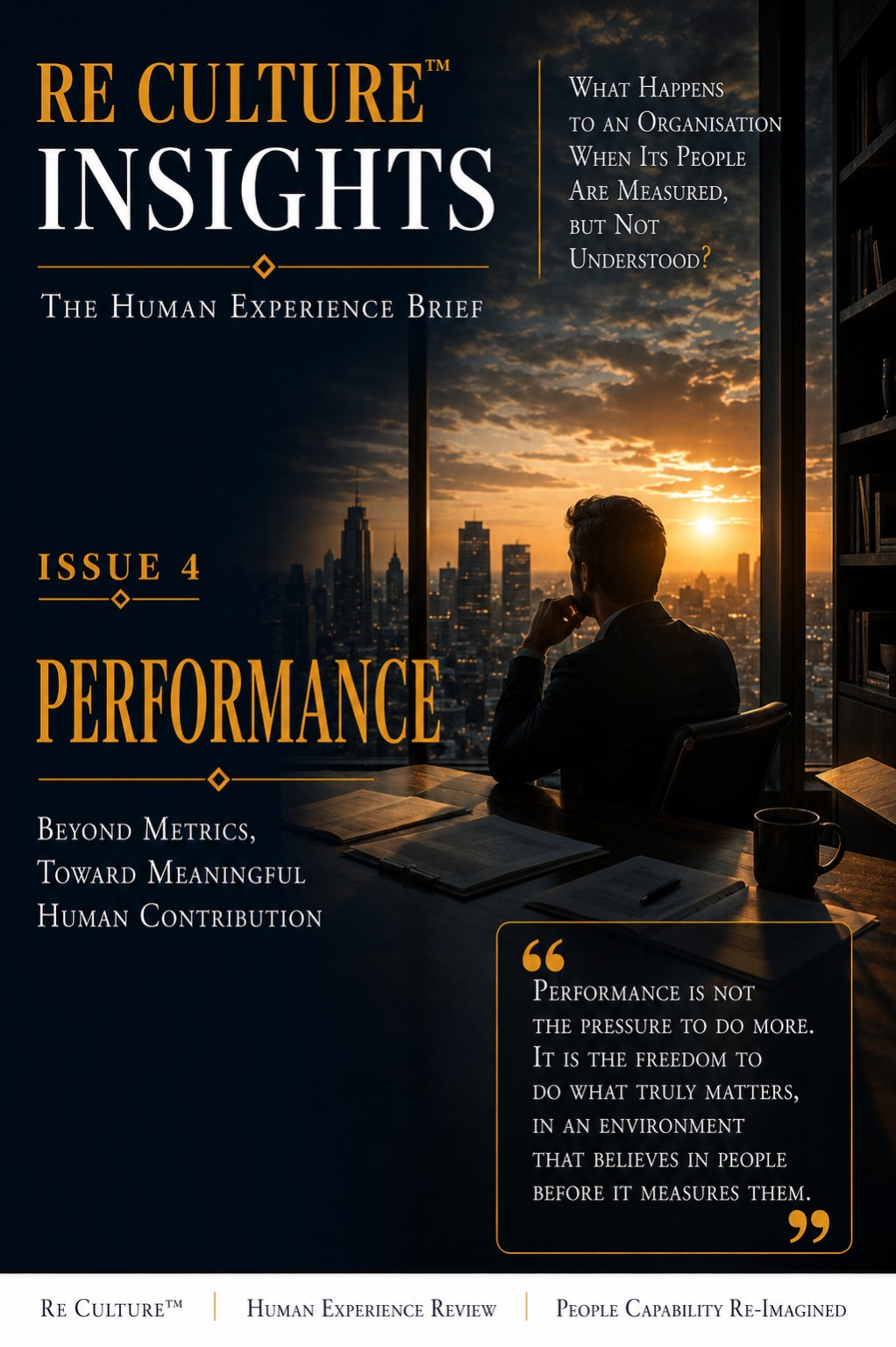 Performance — a reflective professional overlooking a sunset city, representing meaningful human contribution beyond organizational metrics.
