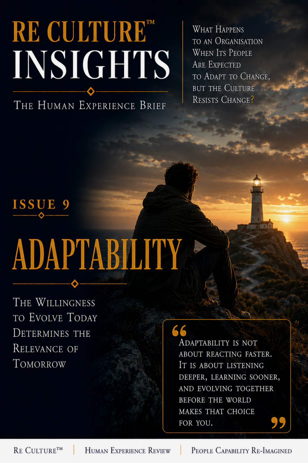 Adaptability — a seated human figure facing a lighthouse across a cinematic sea at sunset, representing the capacity to evolve without losing identity.