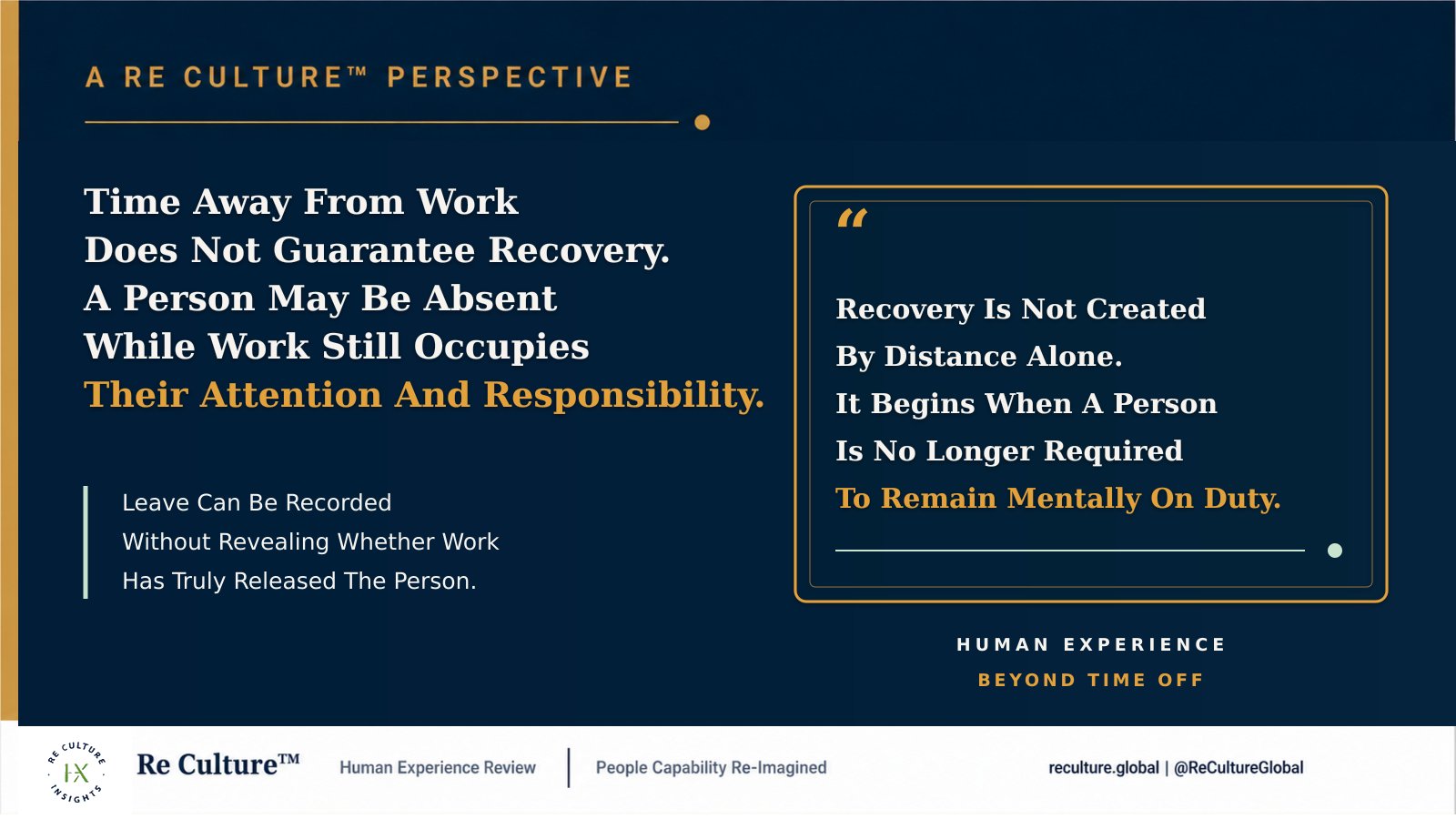 Time Away From Work Does Not Guarantee Recovery. A Person May Be Absent While Work Still Occupies Their Attention And Responsibility.
